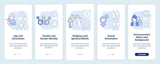 Tipi di schermata dell'app mobile di onboarding azzurra della diversità