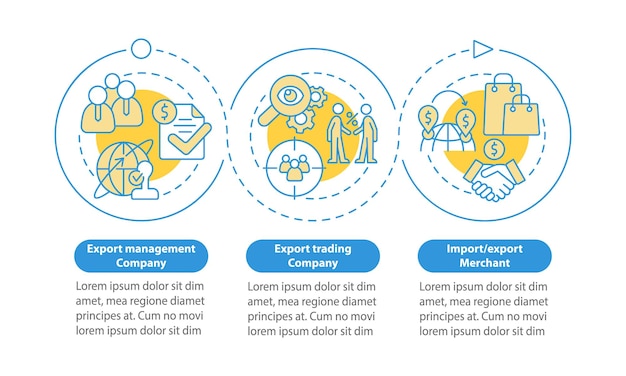 Tipi di esportazione modello di infografica cerchio blu aziendale visualizzazione dei dati con 3 passaggi grafico delle informazioni sulla sequenza temporale del processo layout del flusso di lavoro con icone di linea una miriade di caratteri probold regolari utilizzati