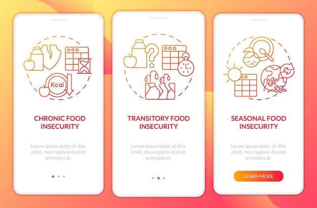 types of food insecurity red gradient onboarding mobile app screen walkthrough 3 steps graphic instructions pages with linear concepts ui ux gui template myriad probold regular fonts used
