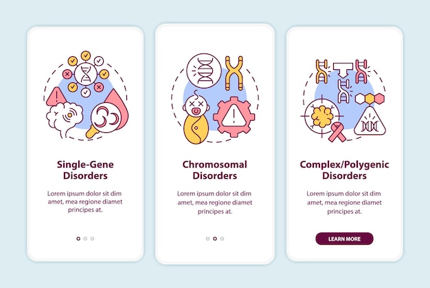Tipi di malattie genetiche nella schermata della pagina dell'app mobile a bordo con concetti