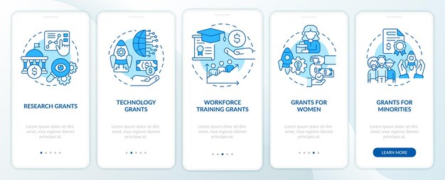 Types of grants blue onboarding mobile app screen Program for business walkthrough 5 steps graphic instructions pages with linear concepts UI UX GUI template Myriad ProBold Regular fonts used