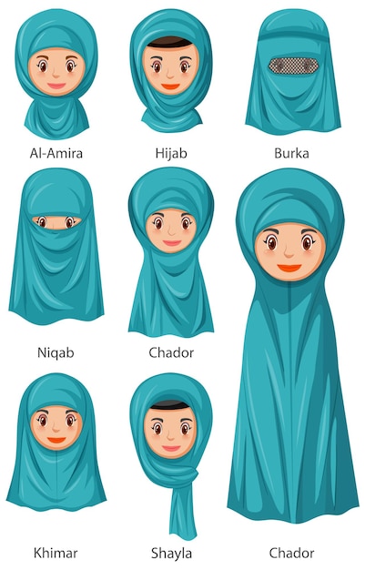 Types of Islamic traditional veils of female in cartoon style