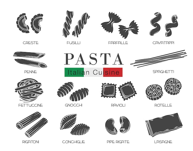 Vettore tipi di pasta italiana o maccheroni bella illustrazione