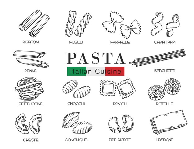 Types italian pasta or macaroni outline illustration