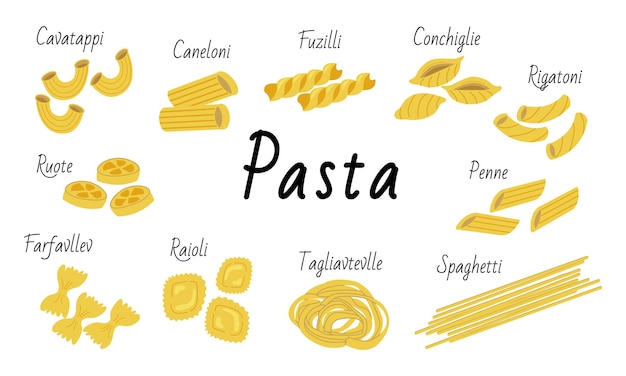 Vettore tipi di pasta italiana pacchetto alimentare vettoriale set di illustrazioni di maccheroni