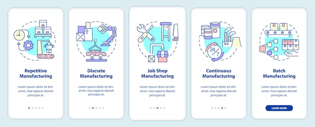 모바일 앱 화면 온보딩 제조 프로세스 유형 연습 선형 개념이 포함된 5단계 그래픽 지침 페이지 UI UX GUI 템플릿 사용된 Myriad ProBold 일반 글꼴
