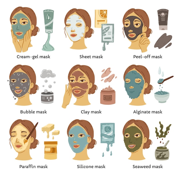 女性の顔を持つ美容ルーチンベクトルインフォグラフィックの化粧マスクの種類