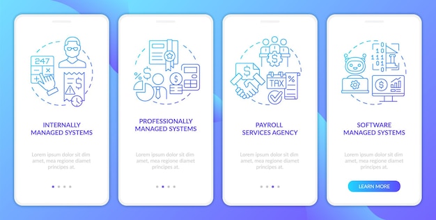 Types of payroll systems blue gradient onboarding mobile app screen