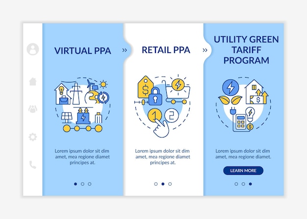 Types of PPA blue and white onboarding template Contract terms definitions Responsive mobile website with linear concept icons Web page walkthrough 3 step screens LatoBold Regular fonts used