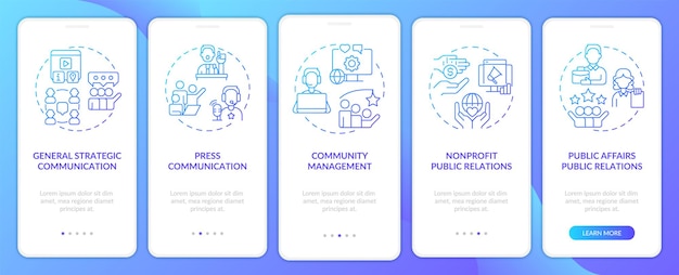 Tipi di aziende di pr con gradiente blu sullo schermo dell'app mobile
