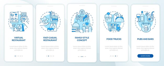 Types of restaurants blue onboarding mobile app screen