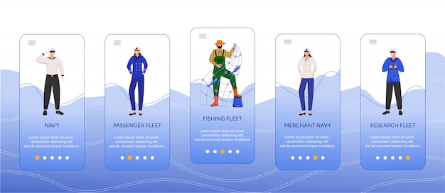 Types of sea fleets onboarding mobile app screen  template. passenger, merchant navy. fishing fleet. walkthrough website steps,  characters.