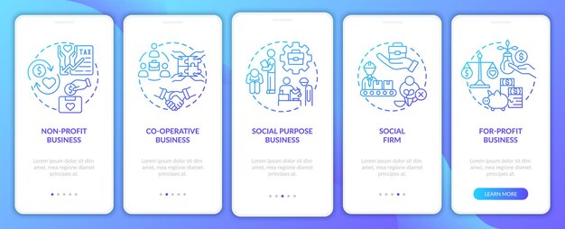 Tipi di imprenditoria sociale schermata della pagina dell'app mobile onboarding gradiente blu. procedura dettagliata 5 passaggi istruzioni grafiche con concetti. modello vettoriale ui, ux, gui con illustrazioni a colori lineari