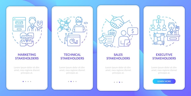 Types of stakeholders blue gradient onboarding mobile app screen