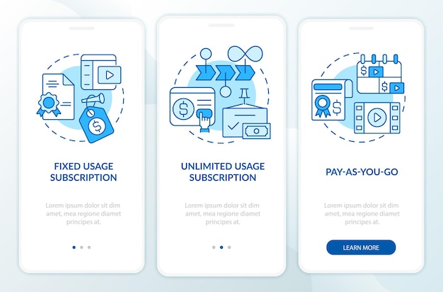 Types of subscription blue onboarding mobile app screen