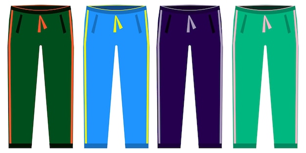 Vettore tipi di pantaloni della tuta impostare semplici icone di pantaloni sprt verde rosso blu viola isolato su sfondo bianco design piatto vettoriale