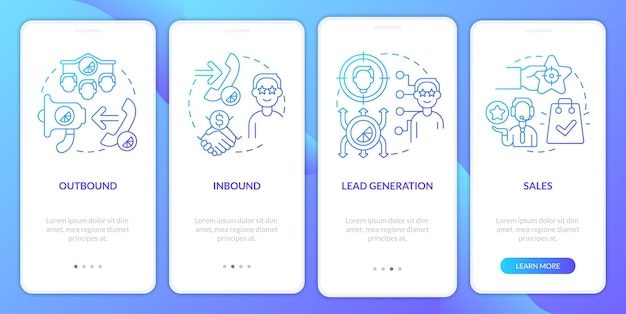 Types of telemarketing activities blue gradient onboarding mobile app screen