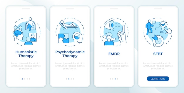 Types of therapeutic modalities blue onboarding mobile app screen