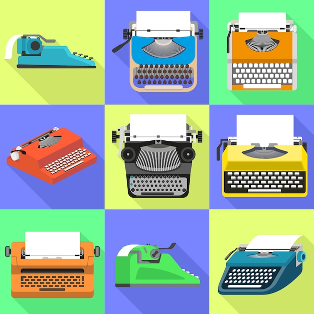 Typewriter icons set. Flat set of typewriter vector