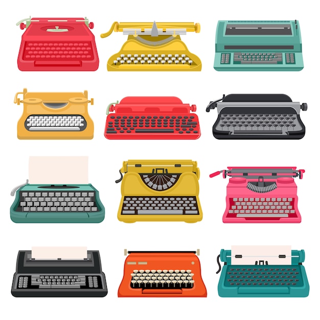 タイプライターの古いビンテージキーボードマシン、書き込みとタイピングのためのレトロなタイプライター。白で隔離されるアンティーク印刷秘書オブジェクトのイラストセット