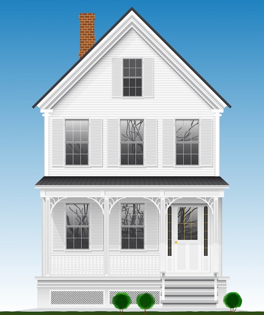 Типичный классический американский дом из дерева, окрашенного белой краской. Два этажа, подвал и чердак. Вид с фасада.