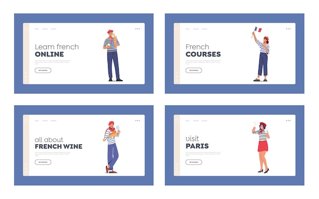 Typical french people landing page template set characters group wear france traditional clothes mime painter