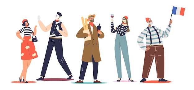 Vector typical french people set: mimes, women in berets holding baguettes and red wine. group of cartoons wearing france traditional clothes. paris in stereotypes concept. flat vector illustration