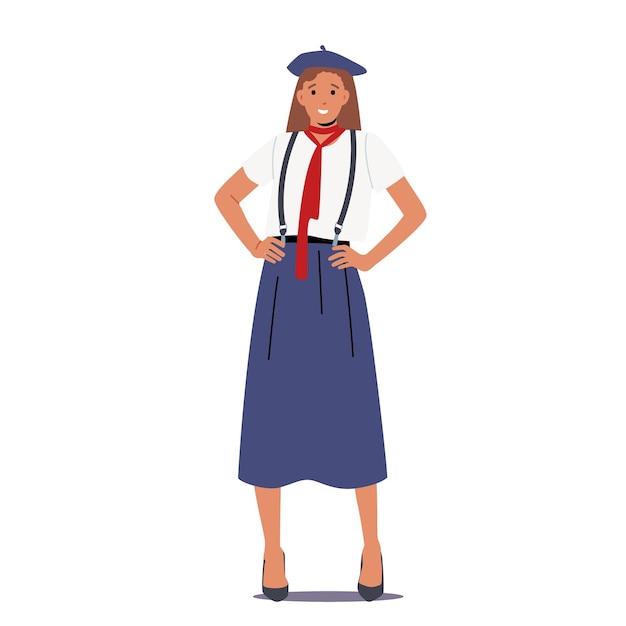 Vector typical french woman wearing long blue skirt on suspenders red tie white shirt and red beret female character in traditional france clothes paris in stereotypes cartoon people vector illustration