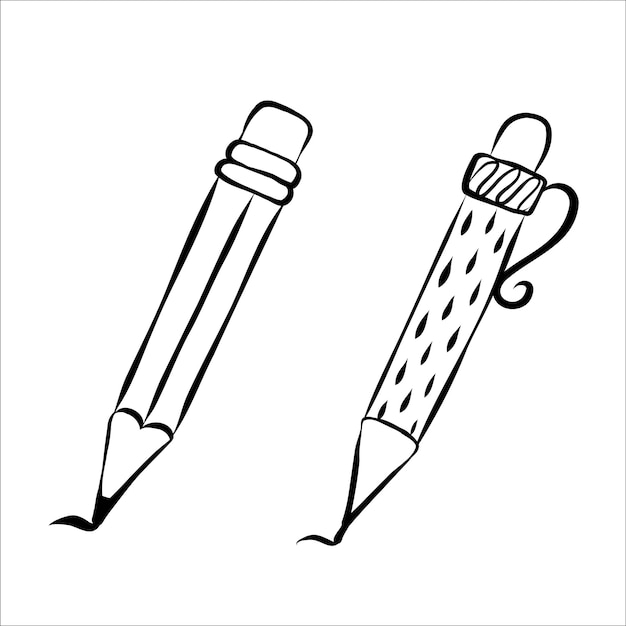 Typical hand drawn wooden pencil and pen Isolated vector icon.