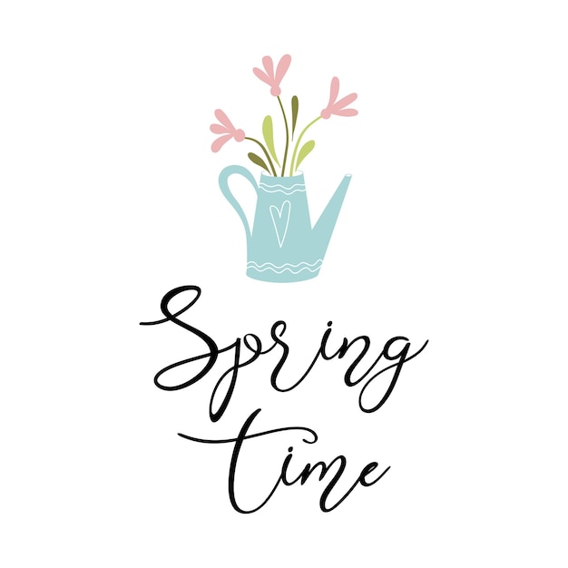 Typografie citaat lente tekst lente tijd ingericht hand getrokken gieter met boeket bloemen schattig zin op wit vectorillustratie lente zachte print kaart label teken logo pictogram