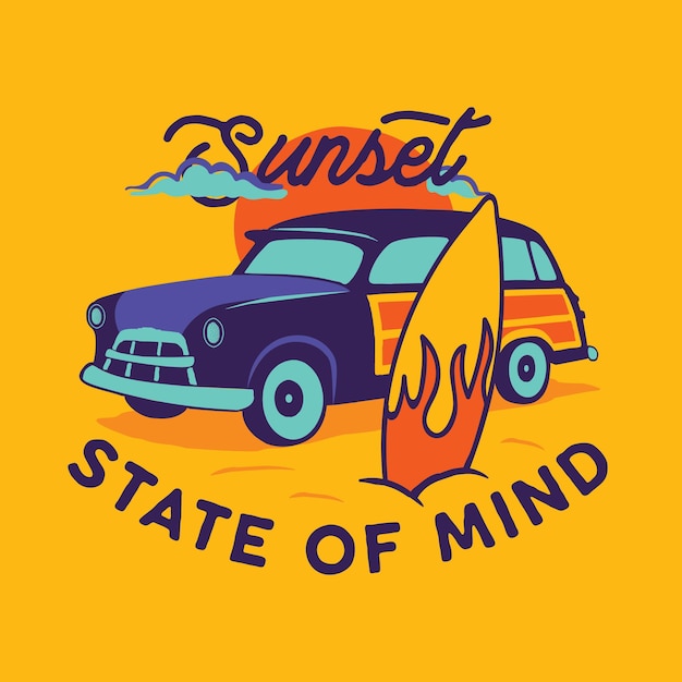 Vector typografie t-shirt ontwerpsjabloon met sunset state of mind belettering en retro auto en surfplank