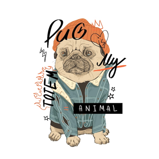 Vector typografieslogan met pug hondillustratie