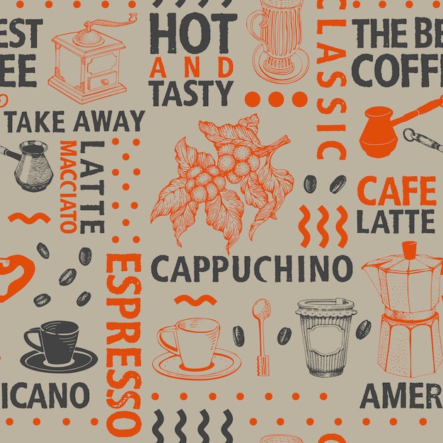 Typografisch vectorkoffie naadloos patroon