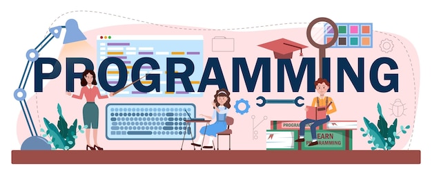 Typografische koptekst programmeren. Studenten leren informatica