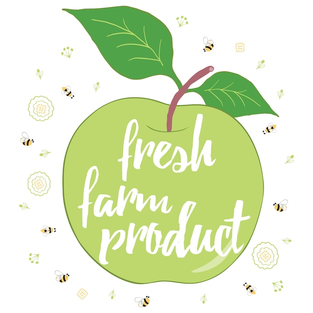 Типографская открытка с зеленым яблоком свежий фермерский баннер натуральных продуктов