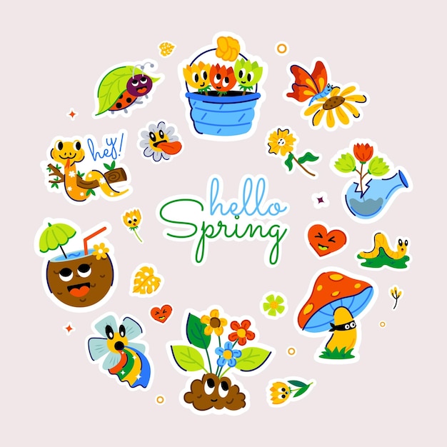 Vector typographic hello spring vector symbolizing joyous elements like blossoming flowers friendly worms