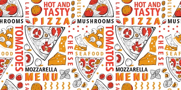 Vector typographic  italian pizza and ingredients seamless pattern. italian food  template.