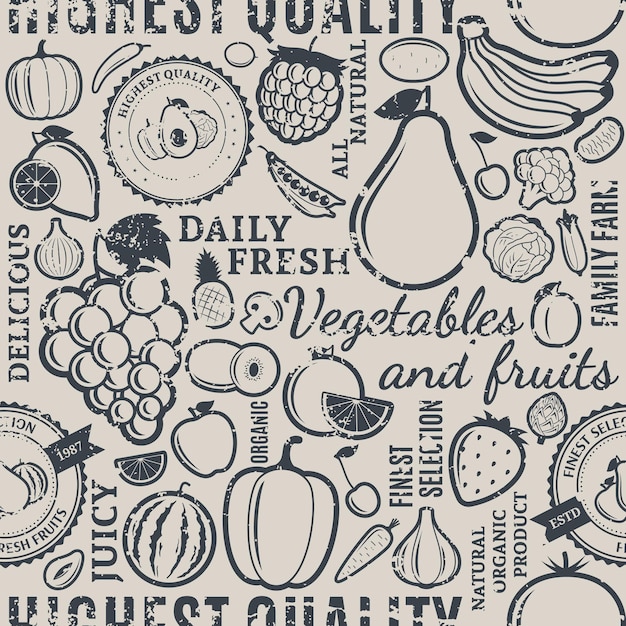 Vector typographic vector fruits and vegetables retro styled seamless pattern or background