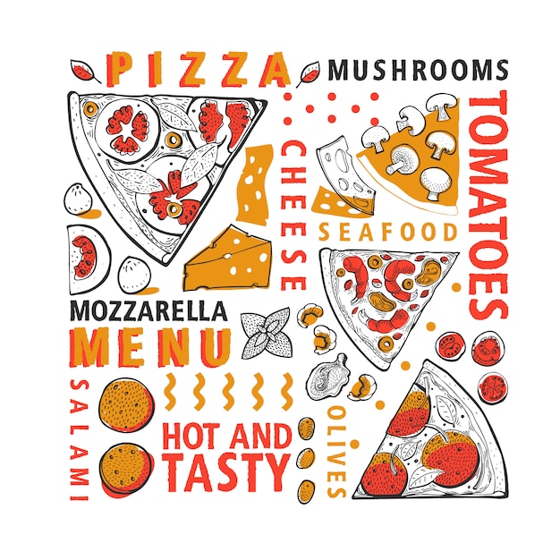 Banner di pizza e ingredienti tipografici vettoriale
