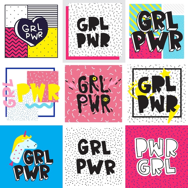 타이포그래피 다채로운 슬로건 소녀 전원 텍스트 장식 Grl Pwr 짧은 인용 인쇄 가방 스티커 의류 노트북 전화 벽에 대한 간단한 귀여운 그림 어디서나 현대 페미니스트 그림 문신 트렌드