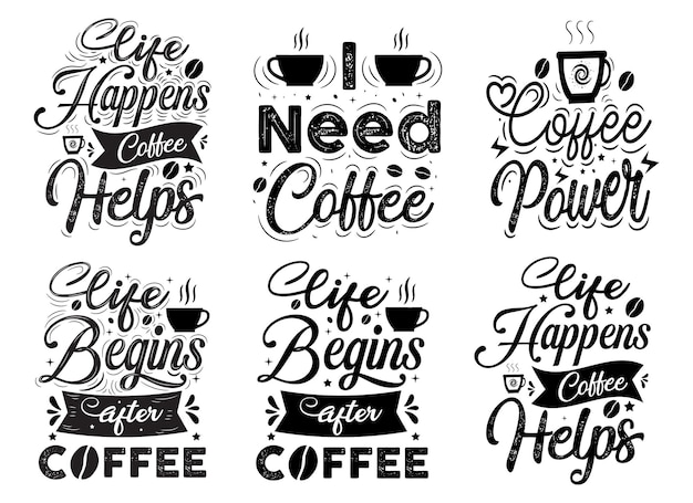 Hand Lettering Coffee Quotes With Sketches Vintage Labels Monochrome  19145022 PNG