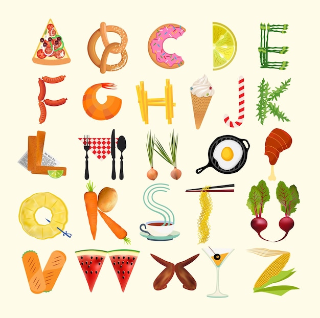 Vector typography kitchen poster. food alphabet. vector illustration.