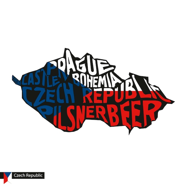 Typography map silhouette of czech republic in black and flag colors.