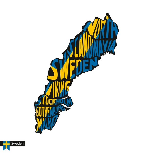 Typography map silhouette of Sweden in black and flag colors. Vector Illustration.