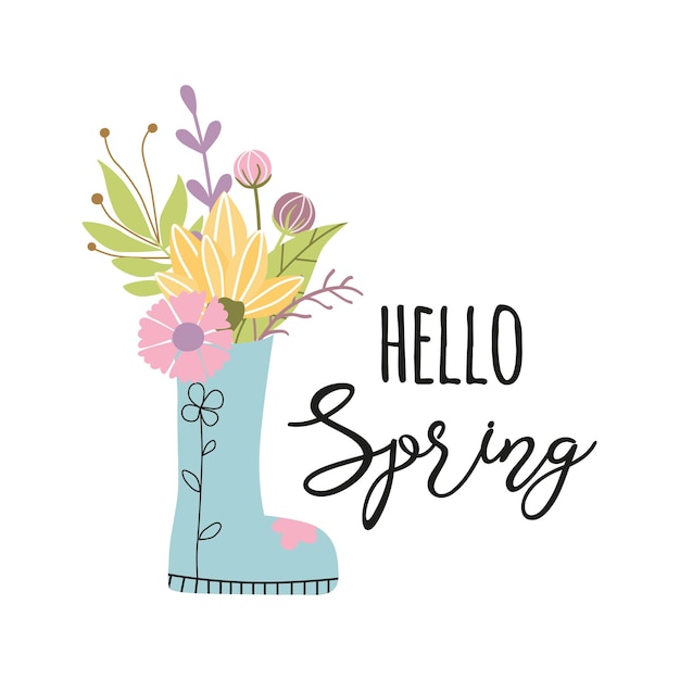 Vector typography quote spring text hello spring decorated hand drawn flower bouquet in boots cute black phrase isolated on white vector illustration spring gentle print card sign logo poster banner icon