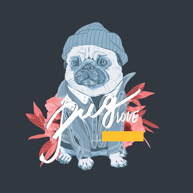 Slogan tipografico con illustrazione del cane carlino