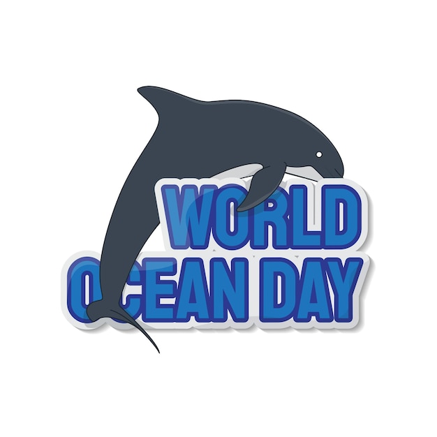 Vector typography of world ocean day with flying dolphin for world ocean day template design