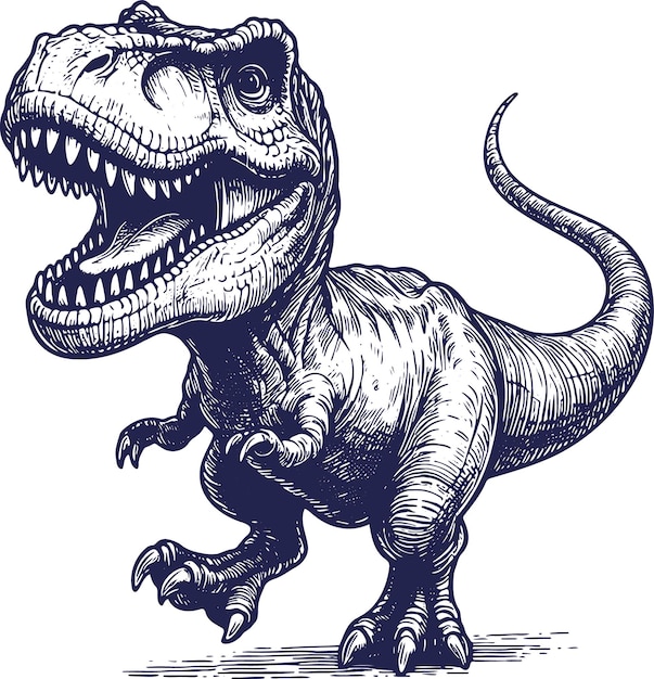 Vector tyrannosaurus neemt een stap naar voren en gromt met zijn open tandige mond vector tekening