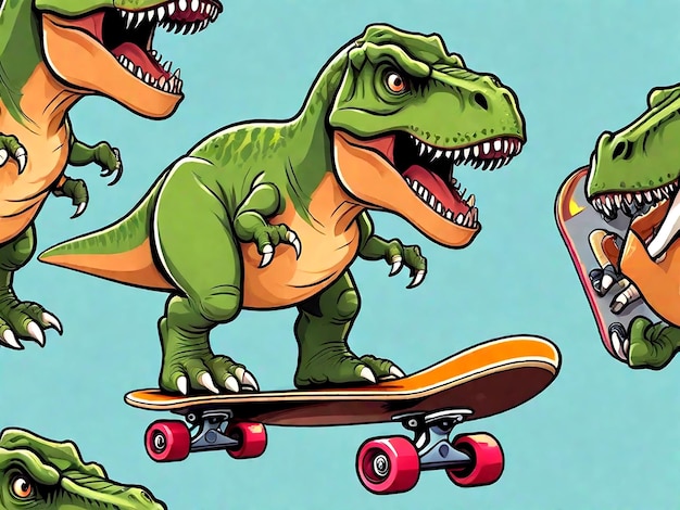 Tyrannosaurus rex dinosaur on a skateboard in cartoon style AI_Generated