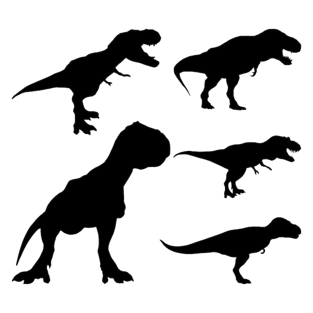 Коллекция силуэтов тираннозавра рекса изолирована черным на белом фоне векторной иллюстрацией